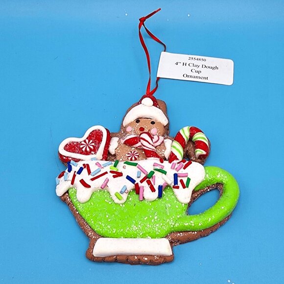 Gingerbread Man in Green Cup Ornament Clay Dough Faux Cookie Fake Bake Xmas v3 - Picture 4 of 9